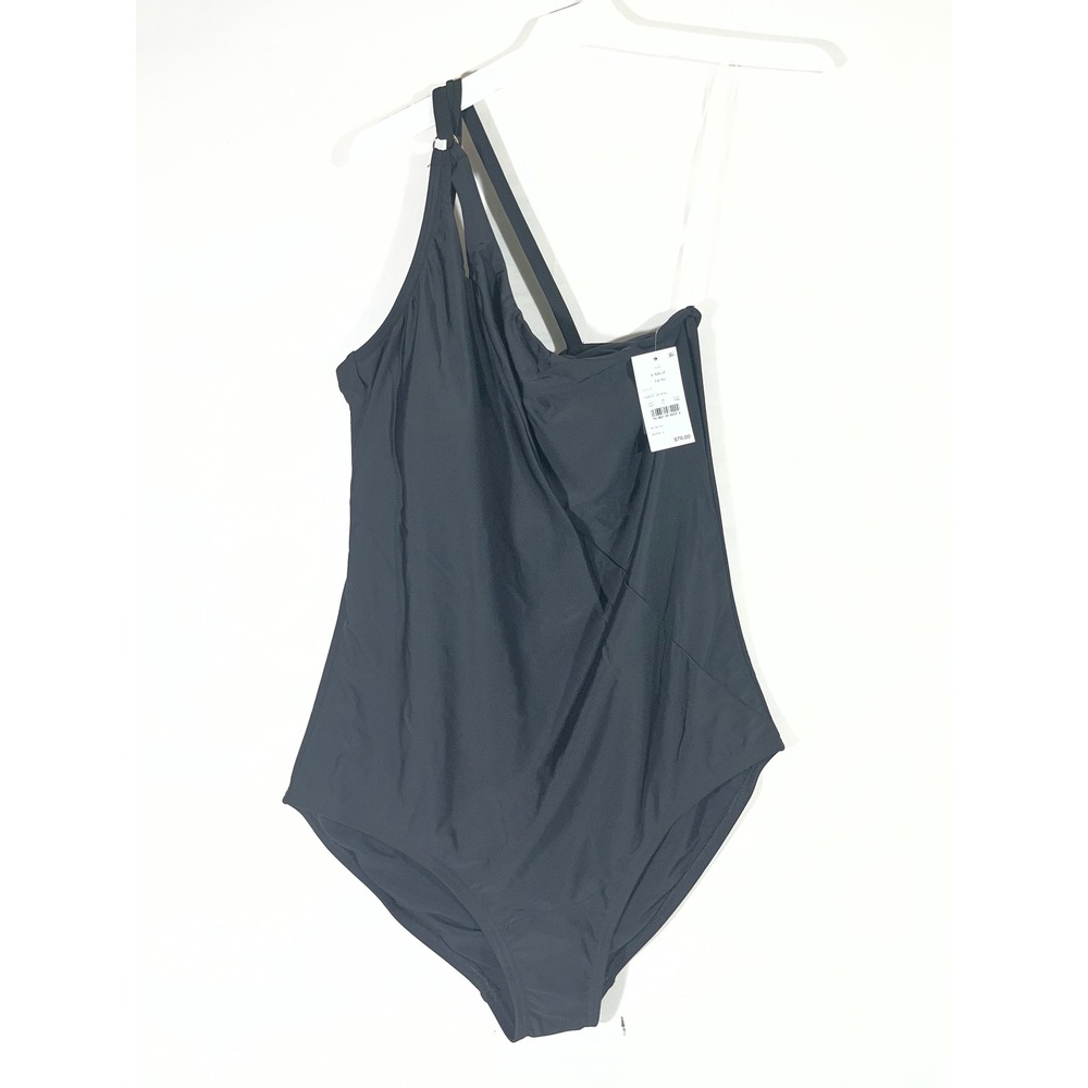 Lands' End 1 Piece 1 Shoulder Tummy Control Swimsuit Women 12-14 Black SPF 50